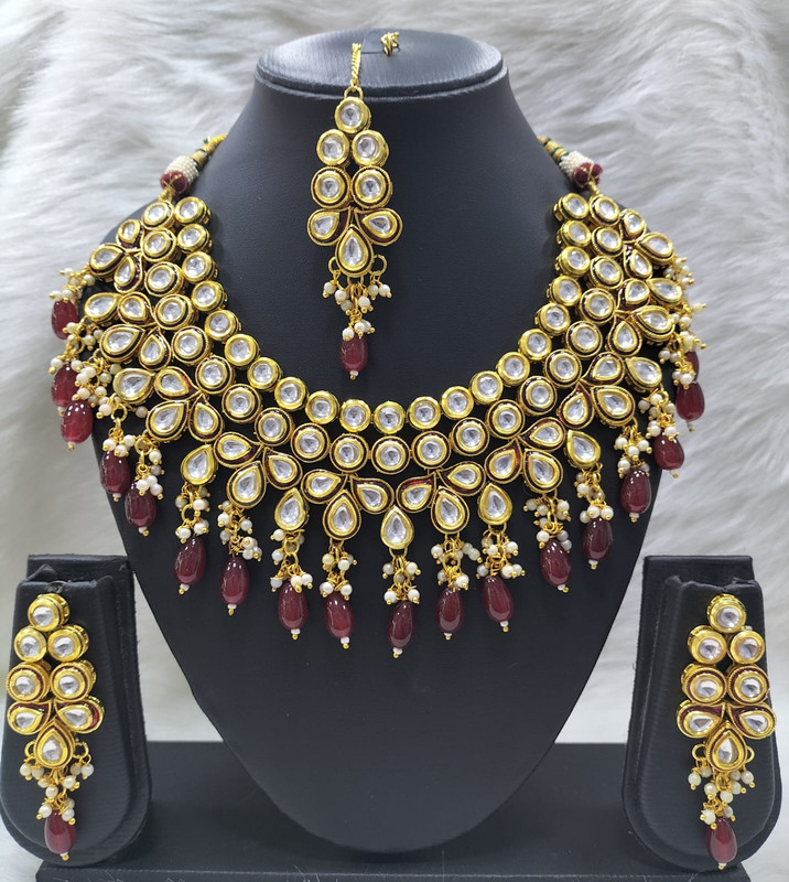 [K51 MAROON] Stunning Couture K51 Maroon Dabbi Kundan With Back Meena Necklace Earring Jewellery Set