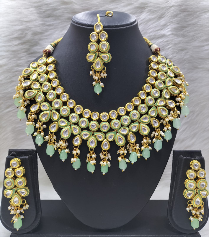 [K51 MINT GREEN] Exclusive Couture K51 Mint Green Dabbi Kundan With Back Meena Necklace Earring Jewellery Set