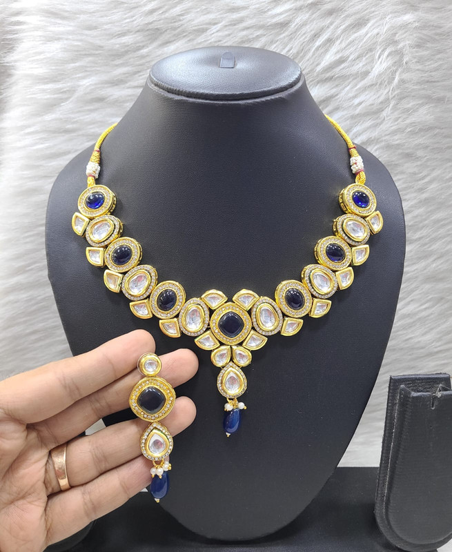 [K52 BLUE] Authentic Couture K52 Blue Dabbi Kundan With Back Meena Necklace Earring Jewellery Set