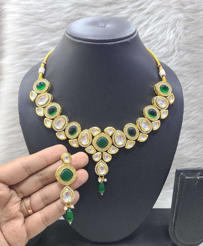 [K52 GREEN] Artisan Couture K52 Green Dabbi Kundan With Back Meena Necklace Earring Jewellery Set