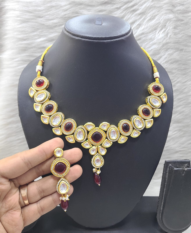 [K52 MAROON] Divine Couture K52 Maroon Dabbi Kundan With Back Meena Necklace Earring Jewellery Set