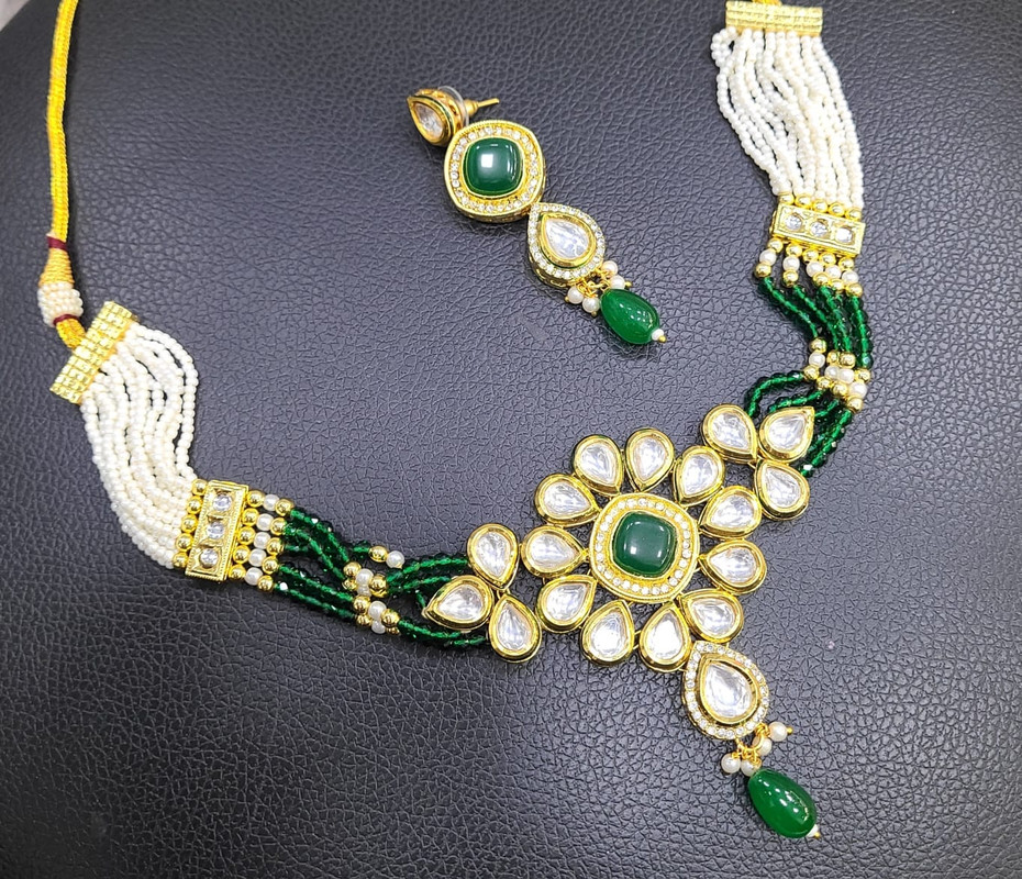 K53 GREEN Dabbi Kundan With Back Meena Necklace Earring Jewellery set