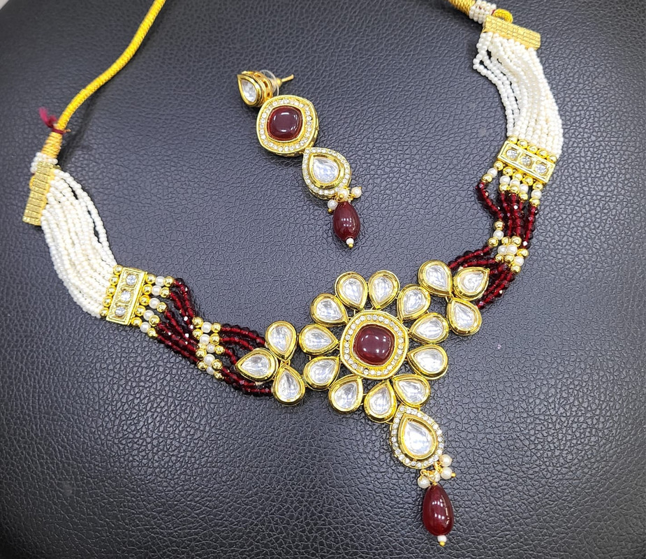 [K53 MAROON] Majestic Couture K53 Maroon Dabbi Kundan With Back Meena Necklace Earring Jewellery Set