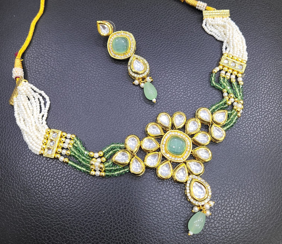 K53 MINT GREEN Dabbi Kundan With Back Meena Necklace Earring Jewellery set