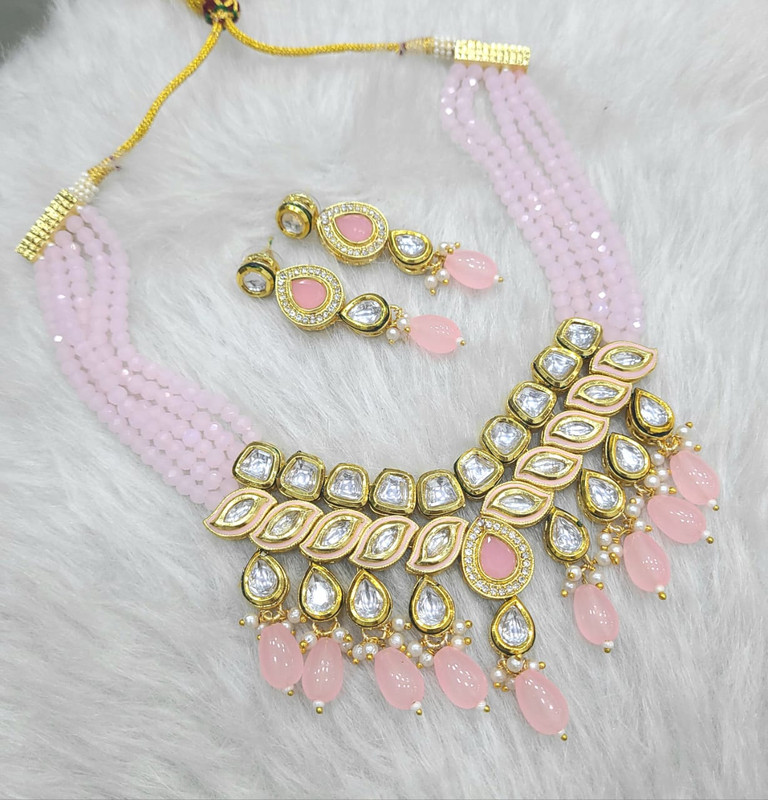[K54 BABY PINK] Grand Couture K54 Baby Pink Dabbi Kundan With Back Meena Necklace Earring Jewellery Set