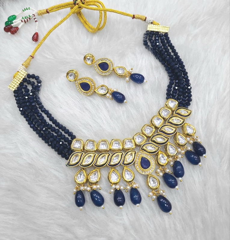 [K54 BLUE] Dazzling Couture K54 Blue Dabbi Kundan With Back Meena Necklace Earring Jewellery Set
