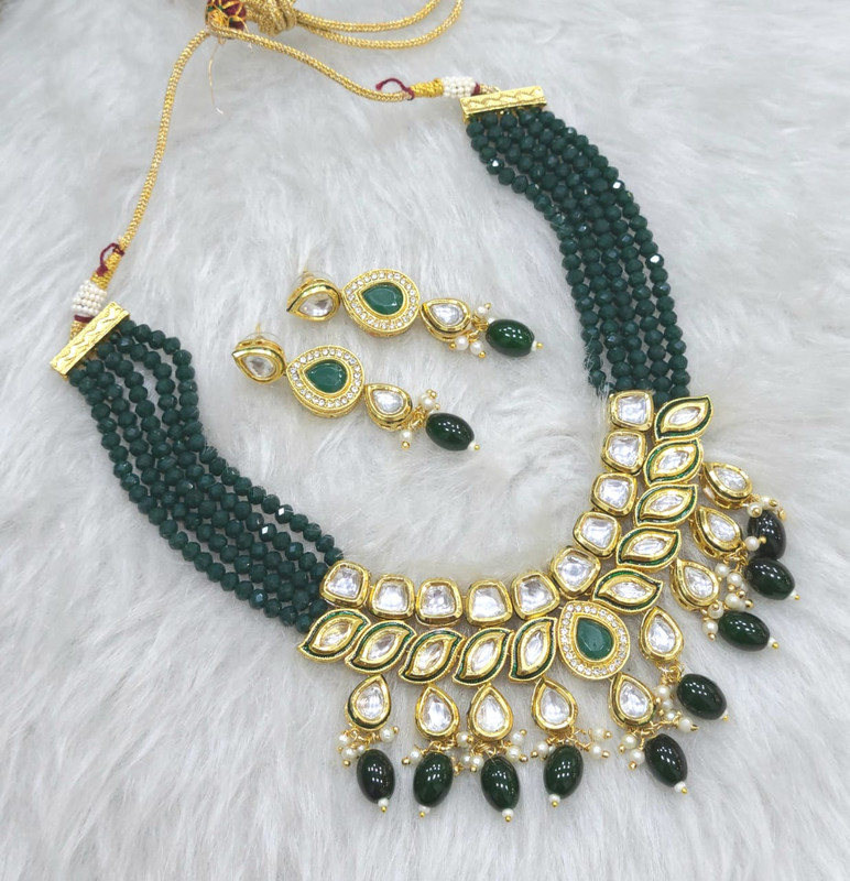 K54 GREEN Dabbi Kundan With Back Meena Necklace Earring Jewellery set