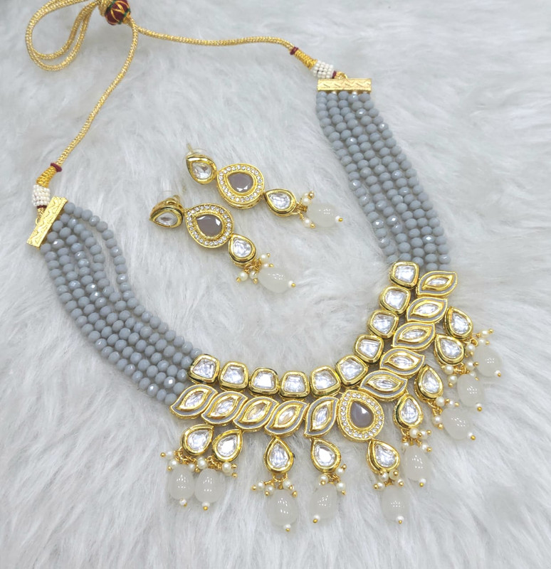 [K54 GREY] Graceful Couture K54 Grey Dabbi Kundan With Back Meena Necklace Earring Jewellery Set