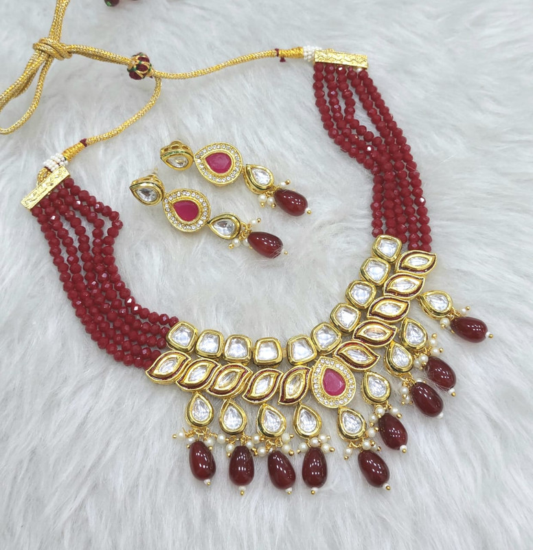 [K54 MAROON] Alluring Couture K54 Maroon Dabbi Kundan With Back Meena Necklace Earring Jewellery Set