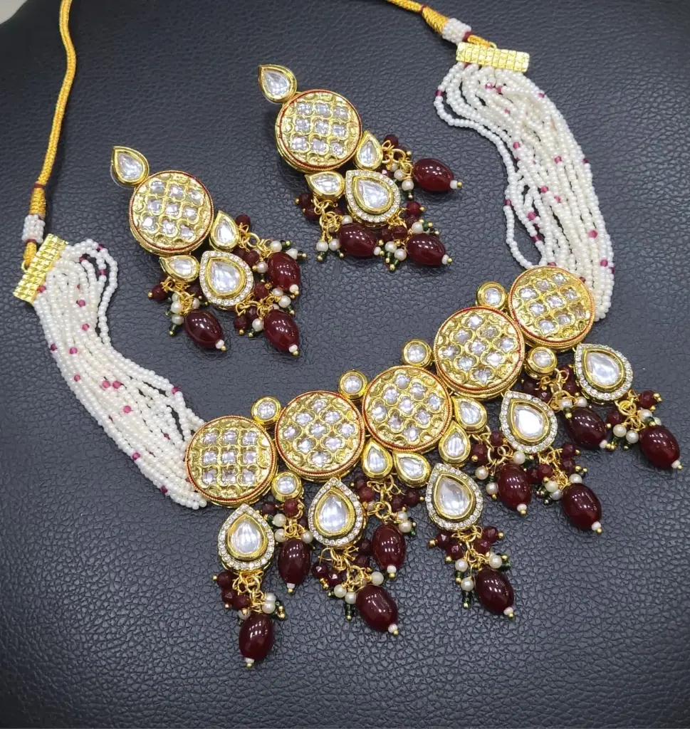 [K55 MAROON] Splendid Couture K55 Maroon Dabbi Kundan With Back Meena Necklace Earring Jewellery Set