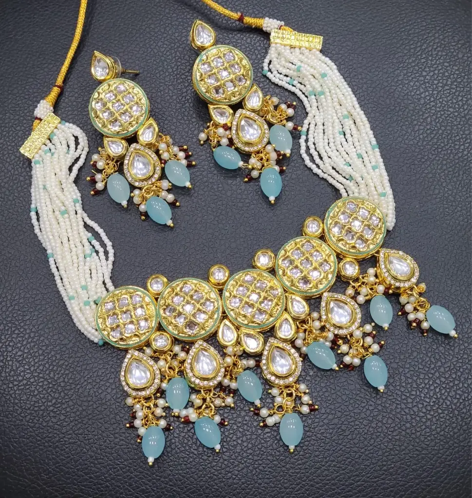 [K55 SKY BLUE] Mesmerizing Couture K55 Sky Blue Dabbi Kundan With Back Meena Necklace Earring Jewellery Set