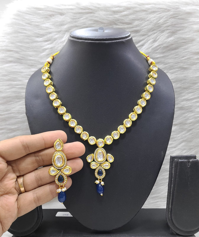 [K11 BLUE] Dazzling Designer K11 Blue Dabbi Kundan With Back Meena Necklace Earring Jewellery Set