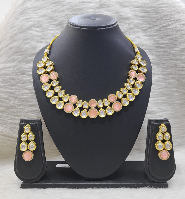 [K13 BABY PINK] Breathtaking Designer K13 Baby Pink Dabbi Kundan With Back Meena Necklace Earring Jewellery Set