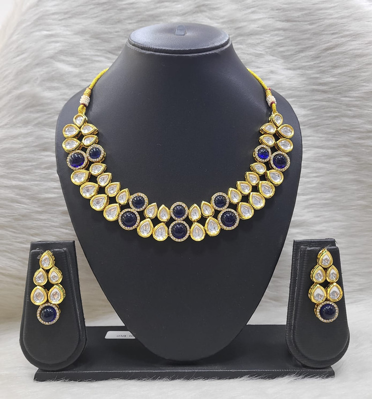 K13 BLUE Dabbi Kundan With Back Meena Necklace Earring Jewellery set