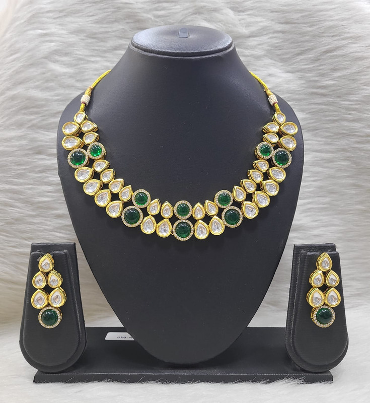 [K13 GREEN] Flawless Designer K13 Green Dabbi Kundan With Back Meena Necklace Earring Jewellery Set