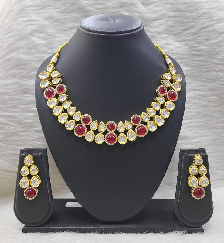 K13 MAROON Dabbi Kundan With Back Meena Necklace Earring Jewellery set