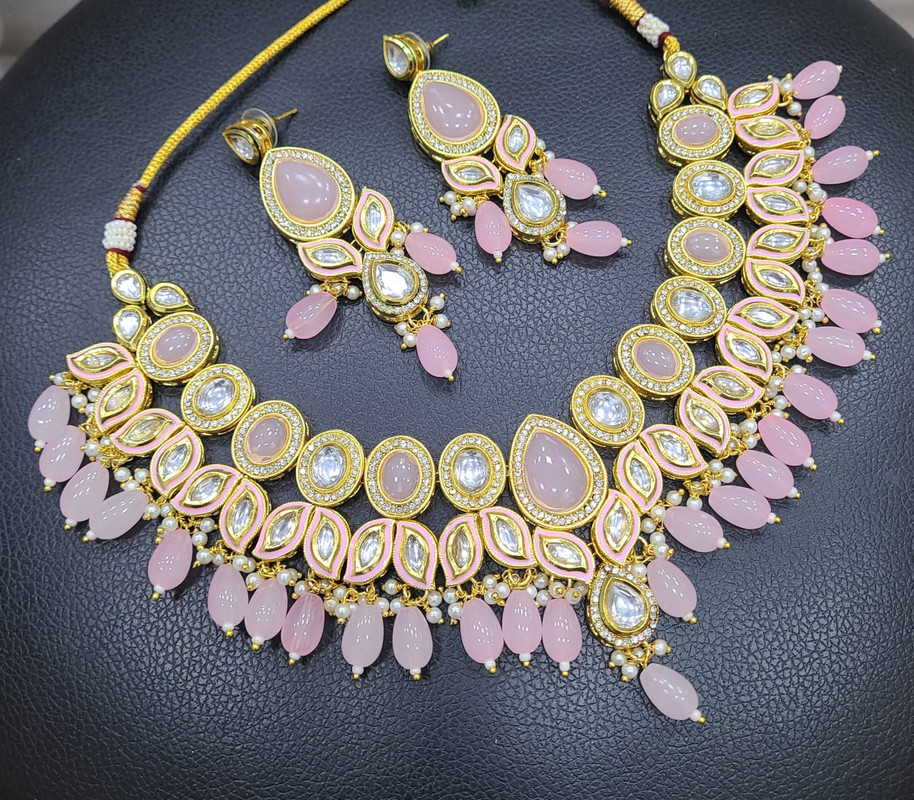 K14 BABY PINK Dabbi Kundan With Back Meena Necklace Earring Jewellery set