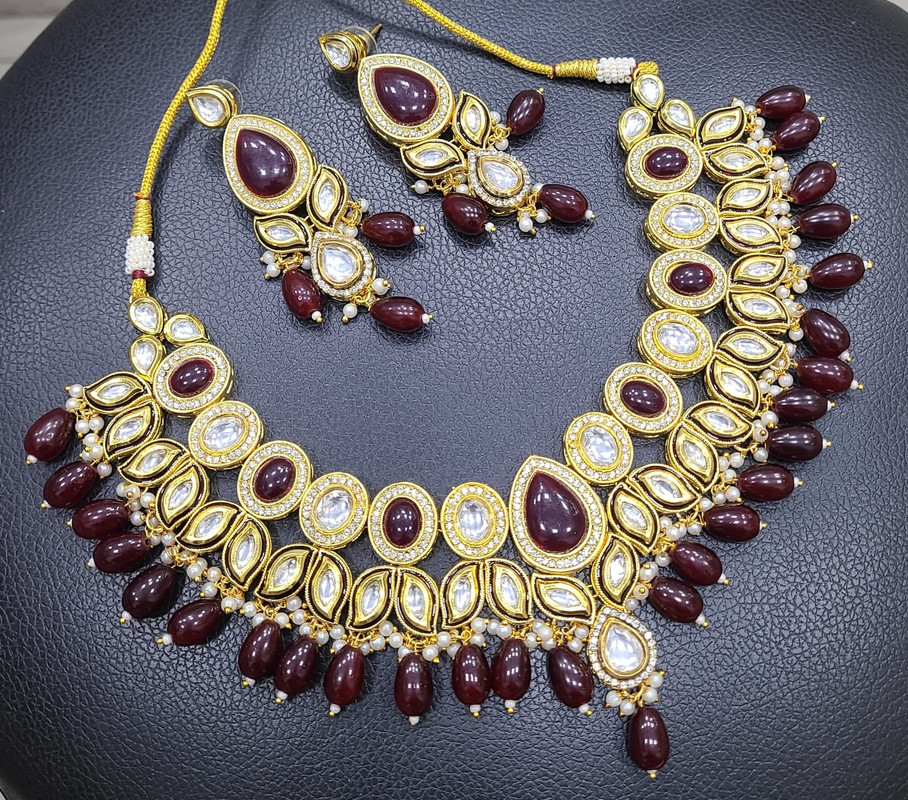 K14 MAROON Dabbi Kundan With Back Meena Necklace Earring Jewellery set