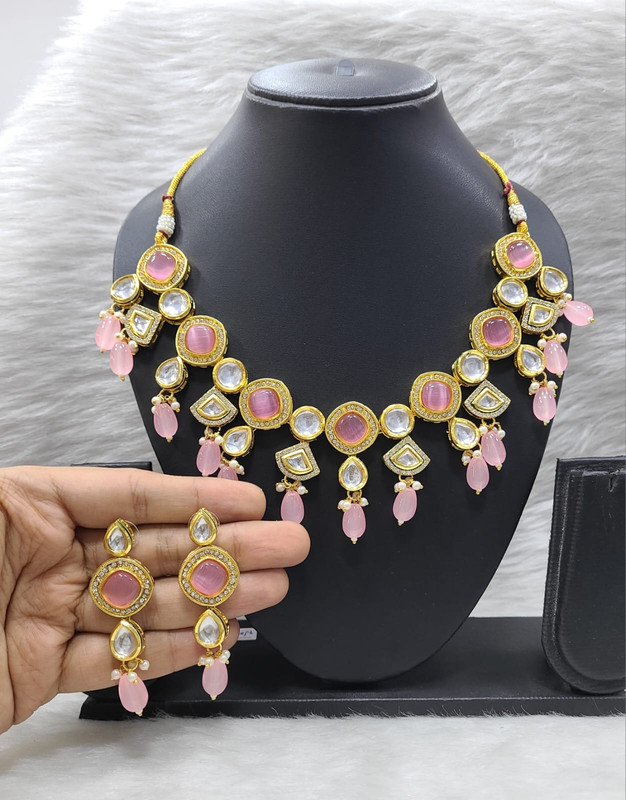 [K15 BABY PINK] Lustrous Designer K15 Baby Pink Dabbi Kundan With Back Meena Necklace Earring Jewellery Set