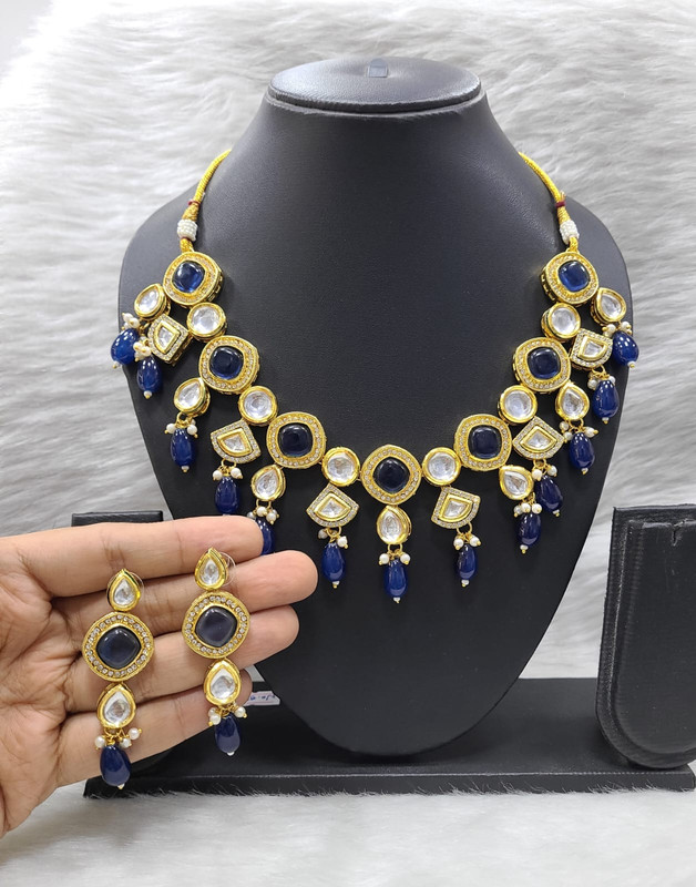 [K15 BLUE] Vibrant Designer K15 Blue Dabbi Kundan With Back Meena Necklace Earring Jewellery Set