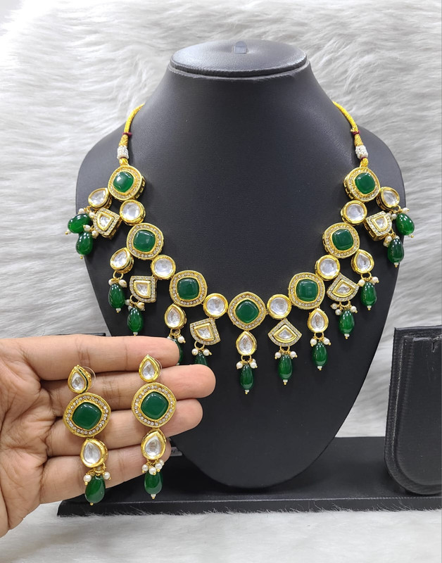 [K15 GREEN] Elegant Fashion K15 Green Dabbi Kundan With Back Meena Necklace Earring Jewellery Set