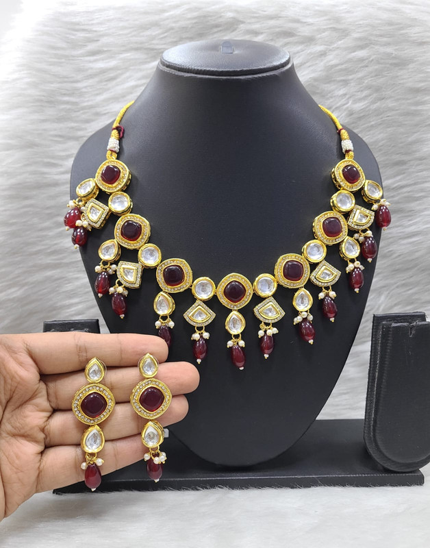[K15 MAROON] Traditional Fashion K15 Maroon Dabbi Kundan With Back Meena Necklace Earring Jewellery Set