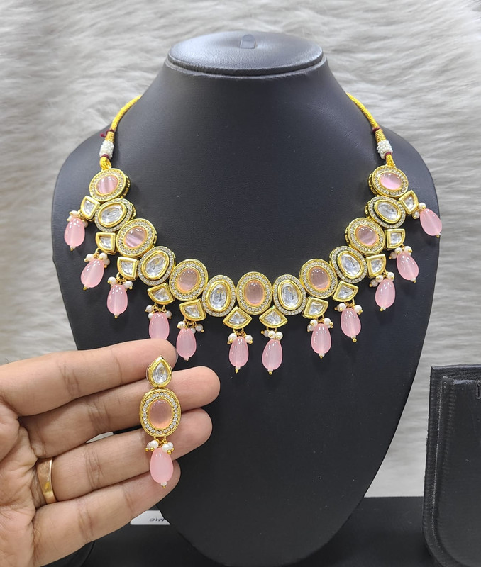 [K16 BABY PINK] Chic Fashion K16 Baby Pink Dabbi Kundan With Back Meena Necklace Earring Jewellery Set