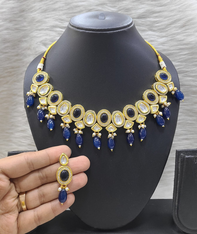 [K16 BLUE] Magnifique Fashion K16 Blue Dabbi Kundan With Back Meena Necklace Earring Jewellery Set