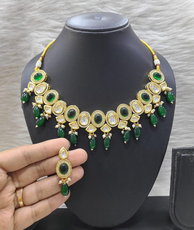 K16 GREEN Dabbi Kundan With Back Meena Necklace Earring Jewellery set