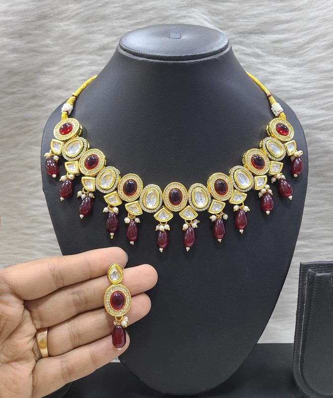 K16 MAROON Dabbi Kundan With Back Meena Necklace Earring Jewellery set