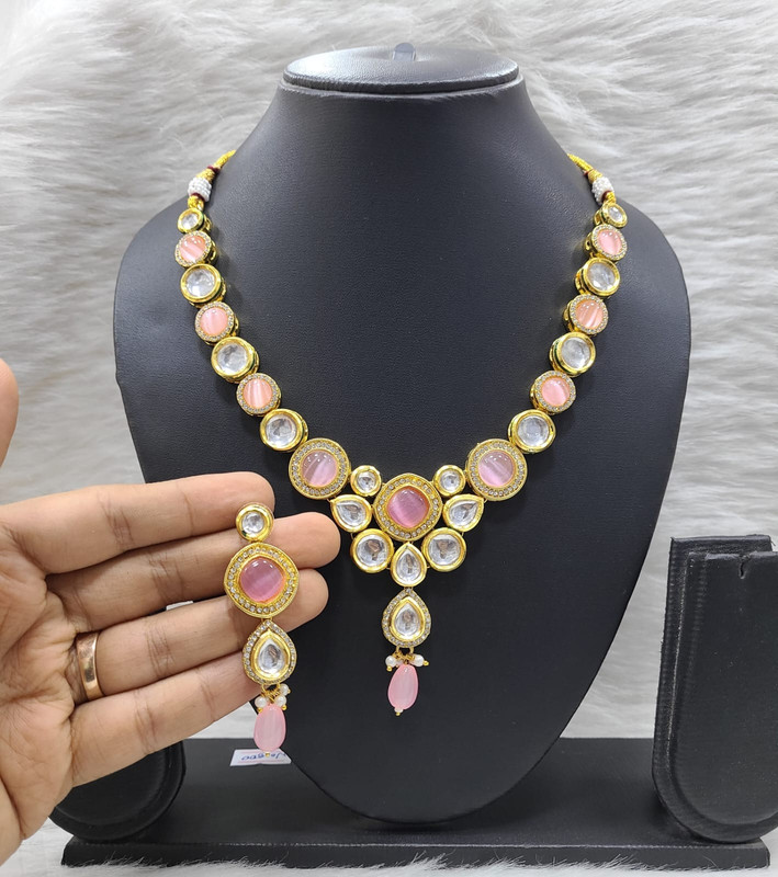 [K17 BABY PINK] Classic Fashion K17 Baby Pink Dabbi Kundan With Back Meena Necklace Earring Jewellery Set