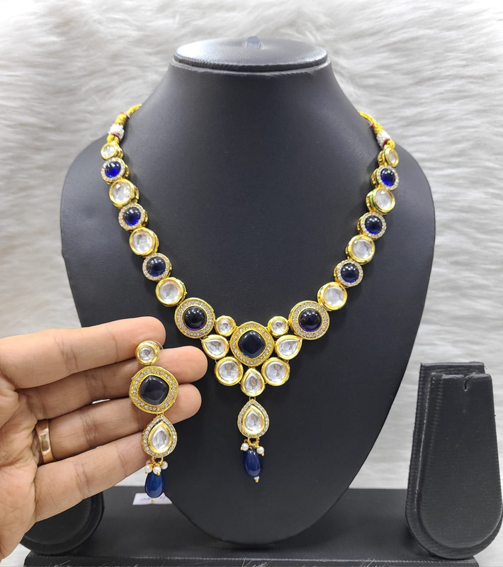 [K17 BLUE] Glamorous Fashion K17 Blue Dabbi Kundan With Back Meena Necklace Earring Jewellery Set