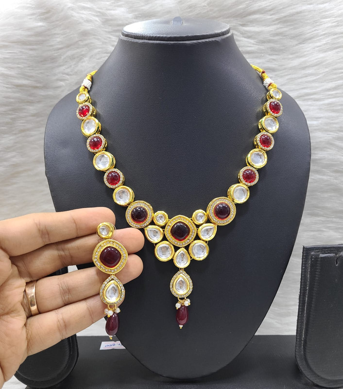 [K17 MAROON] Trendy Fashion K17 Maroon Dabbi Kundan With Back Meena Necklace Earring Jewellery Set