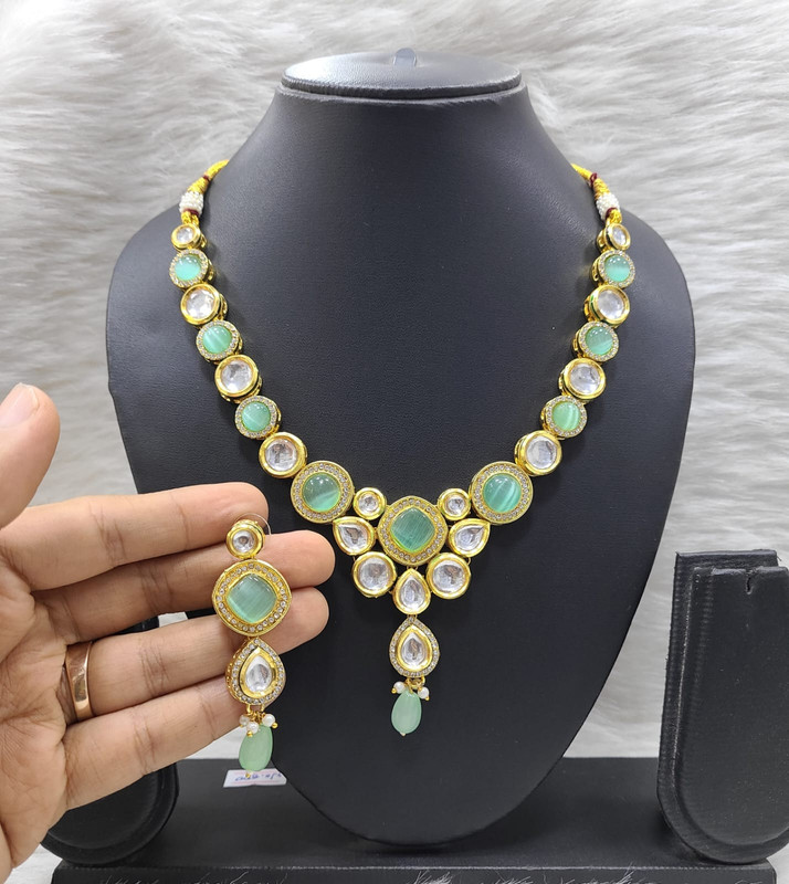 [K17 MINT GREEN] Shandaar Fashion K17 Mint Green Dabbi Kundan With Back Meena Necklace Earring Jewellery Set