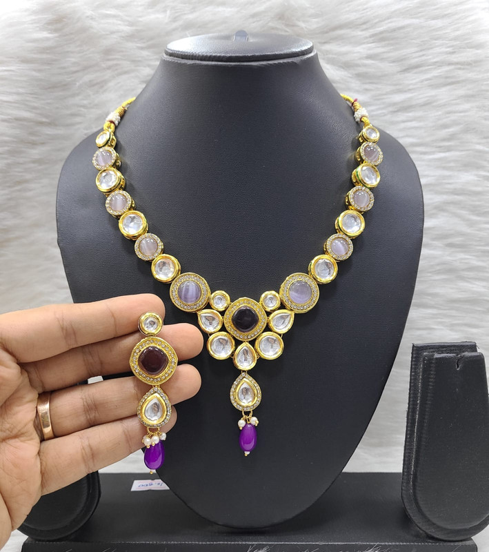 [K17 PURPLE] Exquisite Fashion K17 Purple Dabbi Kundan With Back Meena Necklace Earring Jewellery Set
