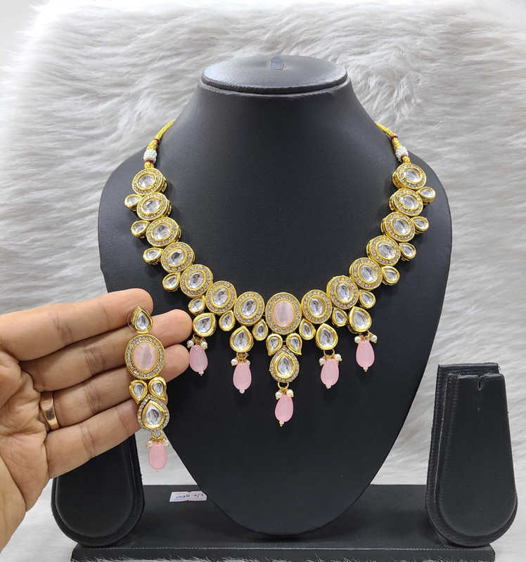 K18 BABY PINK Dabbi Kundan With Back Meena Necklace Earring Jewellery set