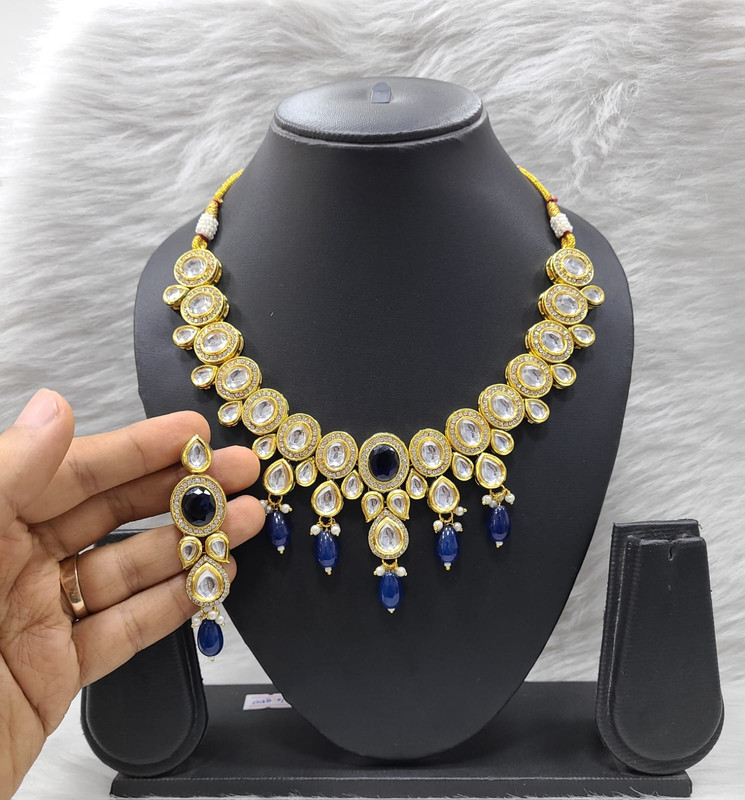 [K18 BLUE] Beautiful Fashion K18 Blue Dabbi Kundan With Back Meena Necklace Earring Jewellery Set