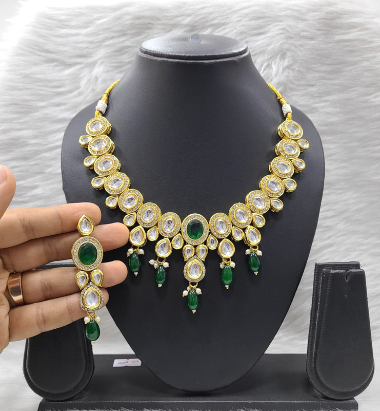 [K18 GREEN] Stunning Fashion K18 Green Dabbi Kundan With Back Meena Necklace Earring Jewellery Set
