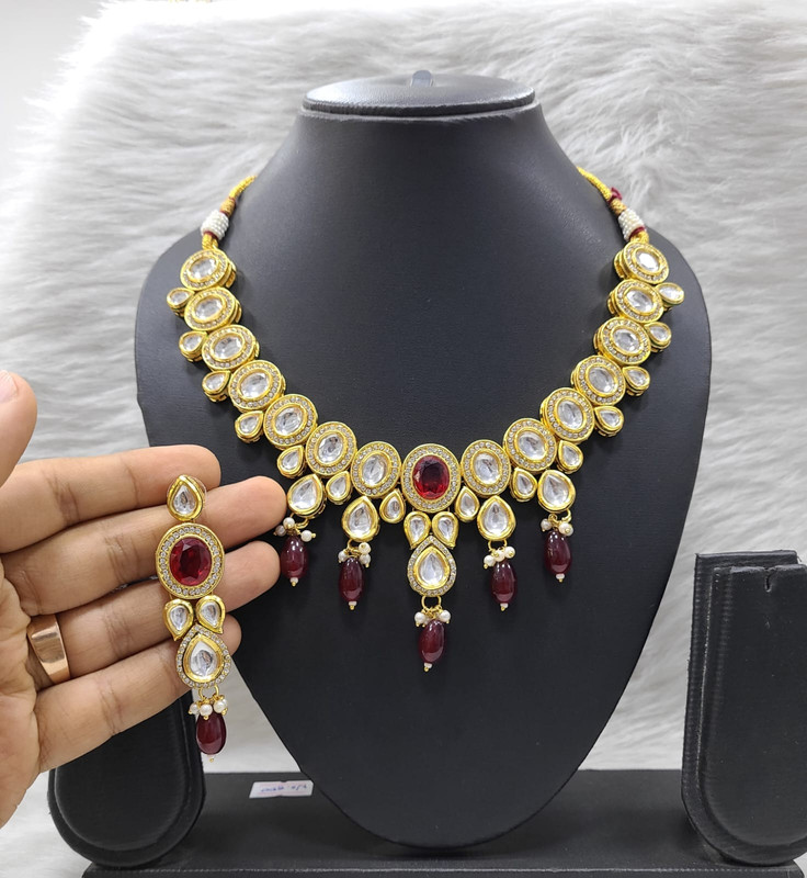 [K18 MAROON] Premium Fashion K18 Maroon Dabbi Kundan With Back Meena Necklace Earring Jewellery Set
