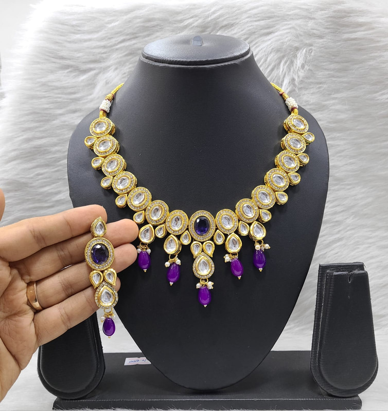 [K18 PURPLE] Luxury Fashion K18 Purple Dabbi Kundan With Back Meena Necklace Earring Jewellery Set