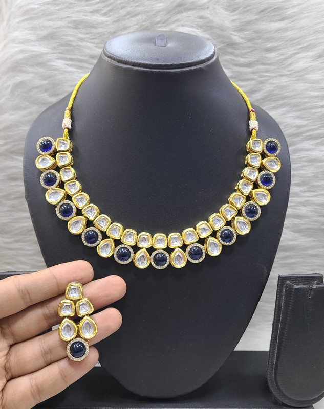 [K19 BLUE] Authentic Fashion K19 Blue Dabbi Kundan With Back Meena Necklace Earring Jewellery Set