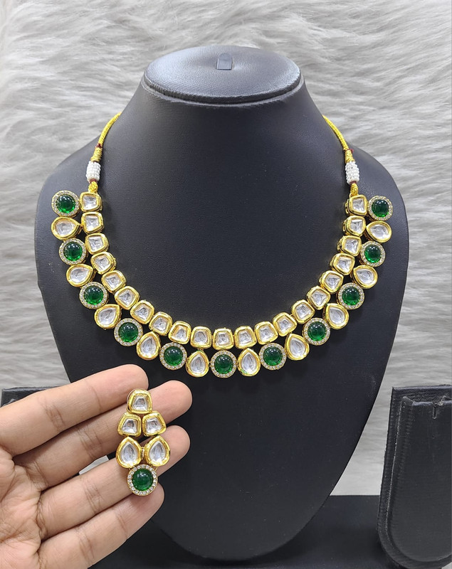 [K19 GREEN] Artisan Fashion K19 Green Dabbi Kundan With Back Meena Necklace Earring Jewellery Set