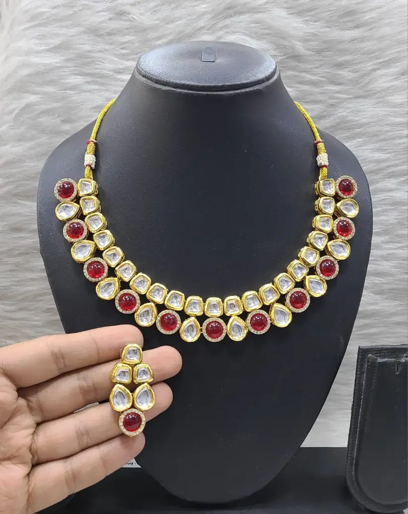 [K19 MAROON] Regal Fashion K19 Maroon Dabbi Kundan With Back Meena Necklace Earring Jewellery Set