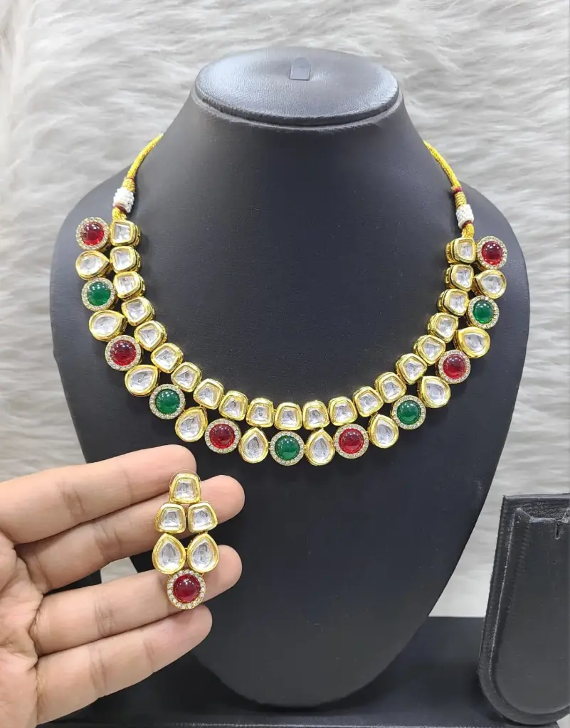 [K19 MAROON GREEN] Opulent Fashion K19 Maroon Green Dabbi Kundan With Back Meena Necklace Earring Jewellery Set