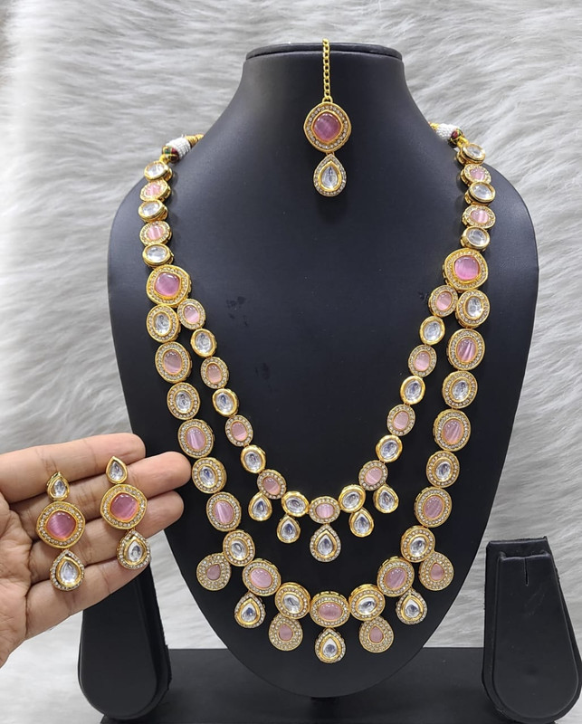 [K20 BABY PINK] Mesmerizing Fashion K20 Baby Pink Dabbi Kundan With Back Meena Necklace Earring Jewellery Set
