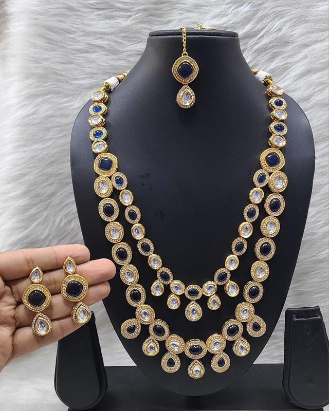 [K20 BLUE] Breathtaking Fashion K20 Blue Dabbi Kundan With Back Meena Necklace Earring Jewellery Set
