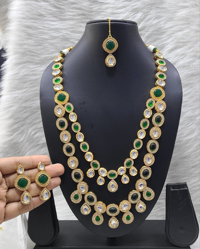 [K20 GREEN] Ethereal Fashion K20 Green Dabbi Kundan With Back Meena Necklace Earring Jewellery Set