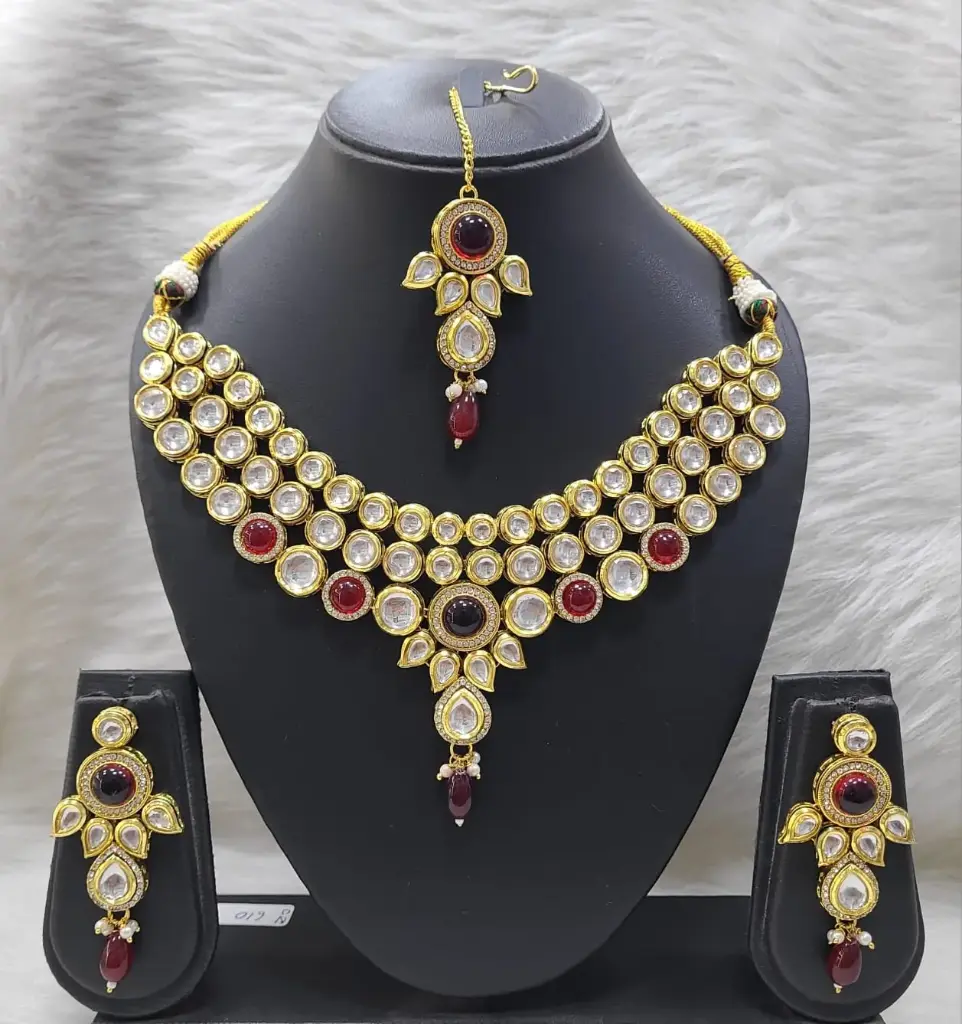 [K20 MAROON] Flawless Fashion K20 Maroon Dabbi Kundan With Back Meena Necklace Earring Jewellery Set
