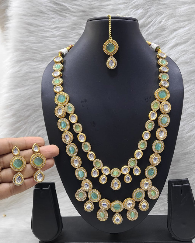 [K20 MINT GREEN BABY PINK] Resplendent Fashion K20 Mint Green Baby Pink Dabbi Kundan With Back Meena Necklace Earring Jewellery Set