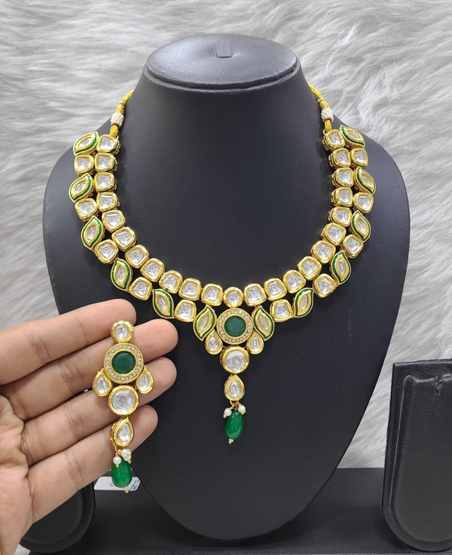[K21 GREEN] Lustrous Fashion K21 Green Dabbi Kundan With Back Meena Necklace Earring Jewellery Set